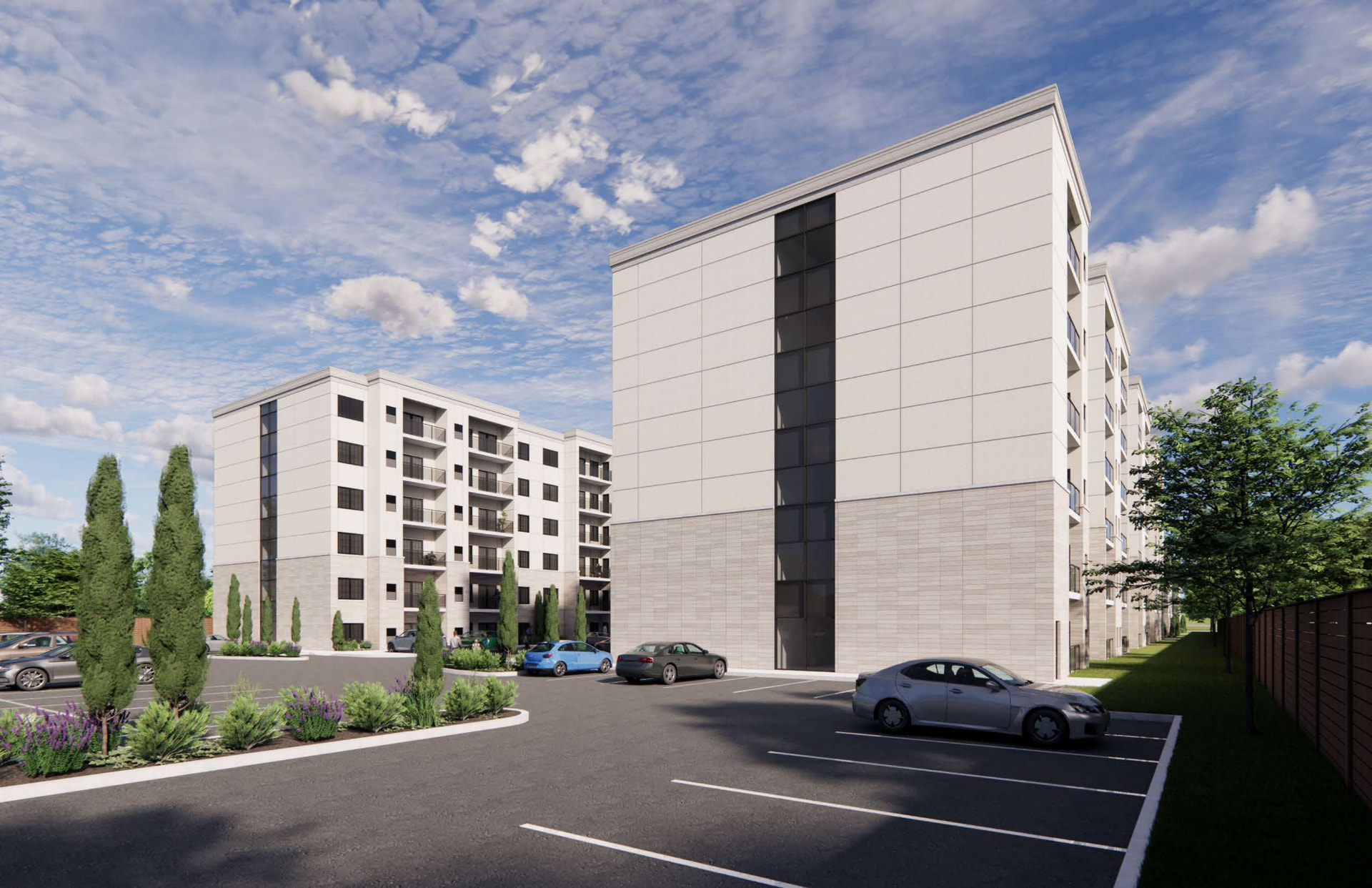 Rendering of the Astoria apartment buildings and parking court